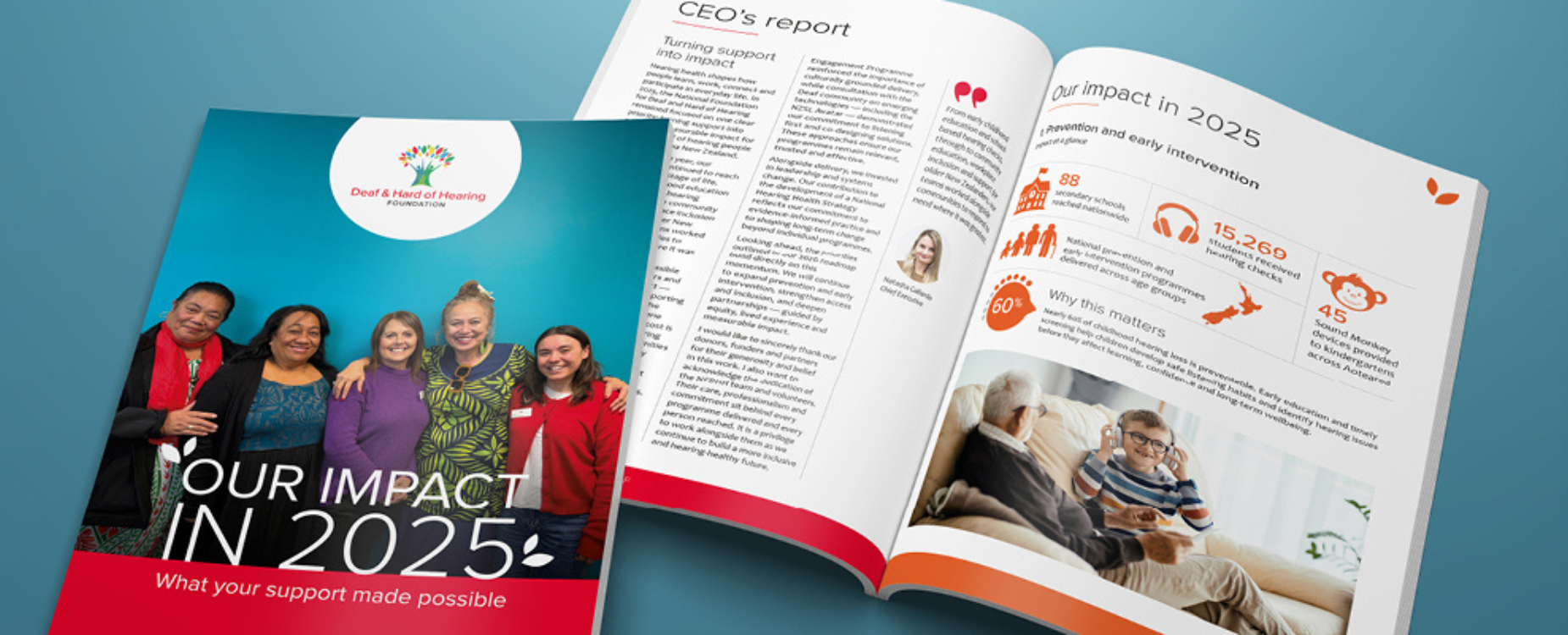 Deaf and Hard of Hearing Foundation annual report booklet opened beside its cover.